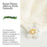 Brosa Floare Alba cu Perla Naturala - Eleganta si Puritate