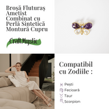 Brosa fluturas ametist cu perla sintetica si montura din cupru - Eleganta si echilibru