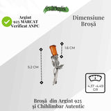 Brosa din argint 925 cu chihlimbar natural in forma de trandafir - lumina calda purtata cu gratie