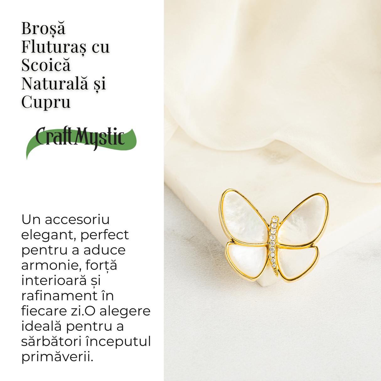 Brosa Fluturas cu Scoica Naturala si Cupru - Eleganta si Energie Pozitiva