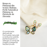 Brosa cu Fluturasi din Scoica Abalone, Perla Naturala si Fluturas cu Pietricele de Zirconia - Eleganta si Stralucire