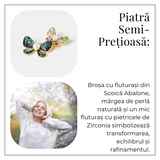 Brosa cu Fluturasi din Scoica Abalone, Perla Naturala si Fluturas cu Pietricele de Zirconia - Eleganta si Stralucire
