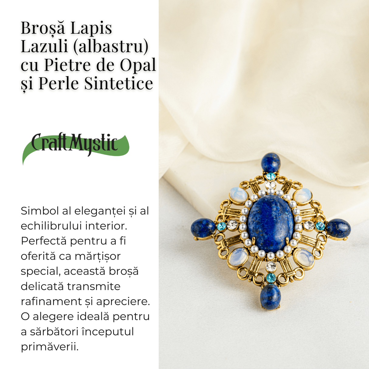 Brosa Lapis Lazuli cu Pietre de Opal si Perle Sintetice - Echilibru si Rafinament