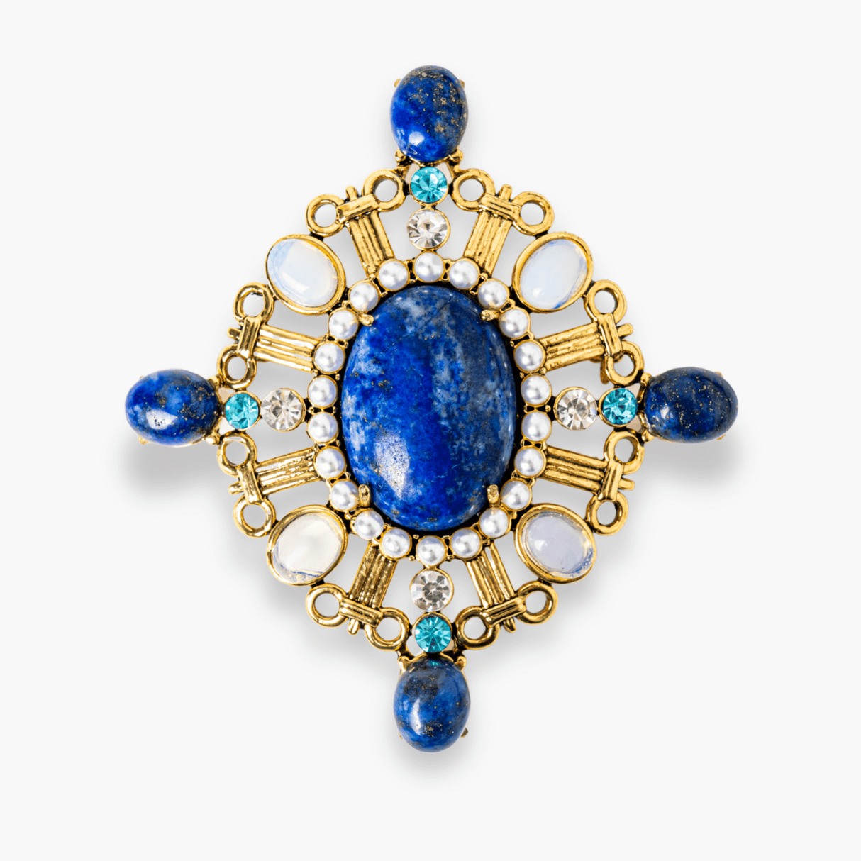 Brosa Lapis Lazuli cu Pietre de Opal si Perle Sintetice - Echilibru si Rafinament
