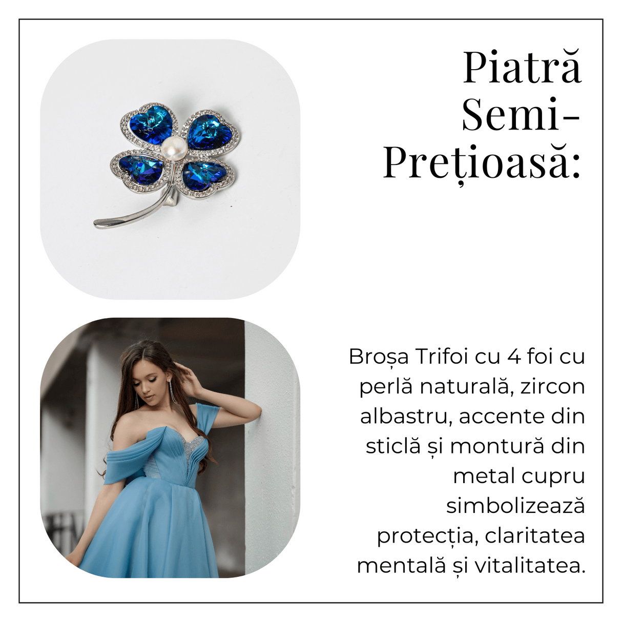 Brosa Trifoi cu 4 Foi cu Perla Naturala si Zircon Albastru - Simbol al Norocului si Elegantei