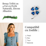 Brosa Trifoi cu 4 Foi cu Perla Naturala si Zircon Albastru - Simbol al Norocului si Elegantei