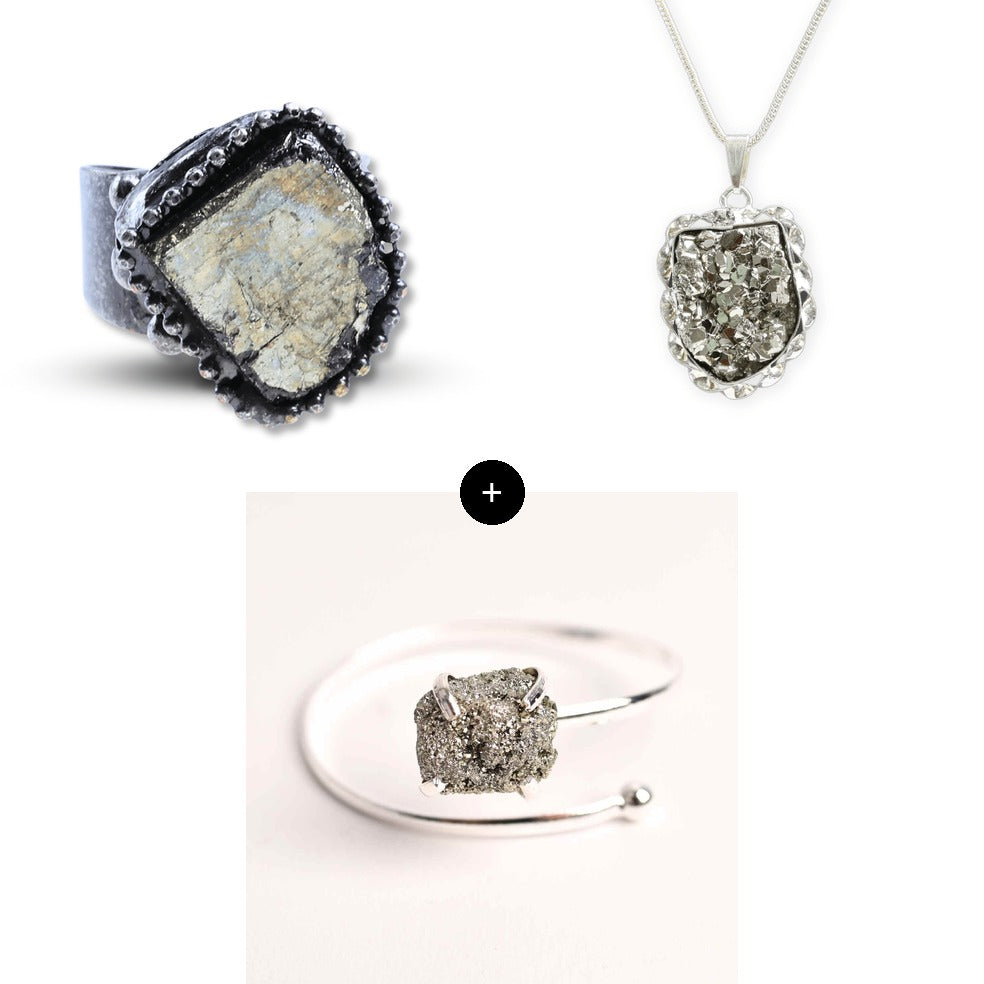 Pachet "Abundenta & Prosperitate" - Colier, Inel & Bratara cu Pirita Naturala ✨ Magnet pentru Succes & Noroc