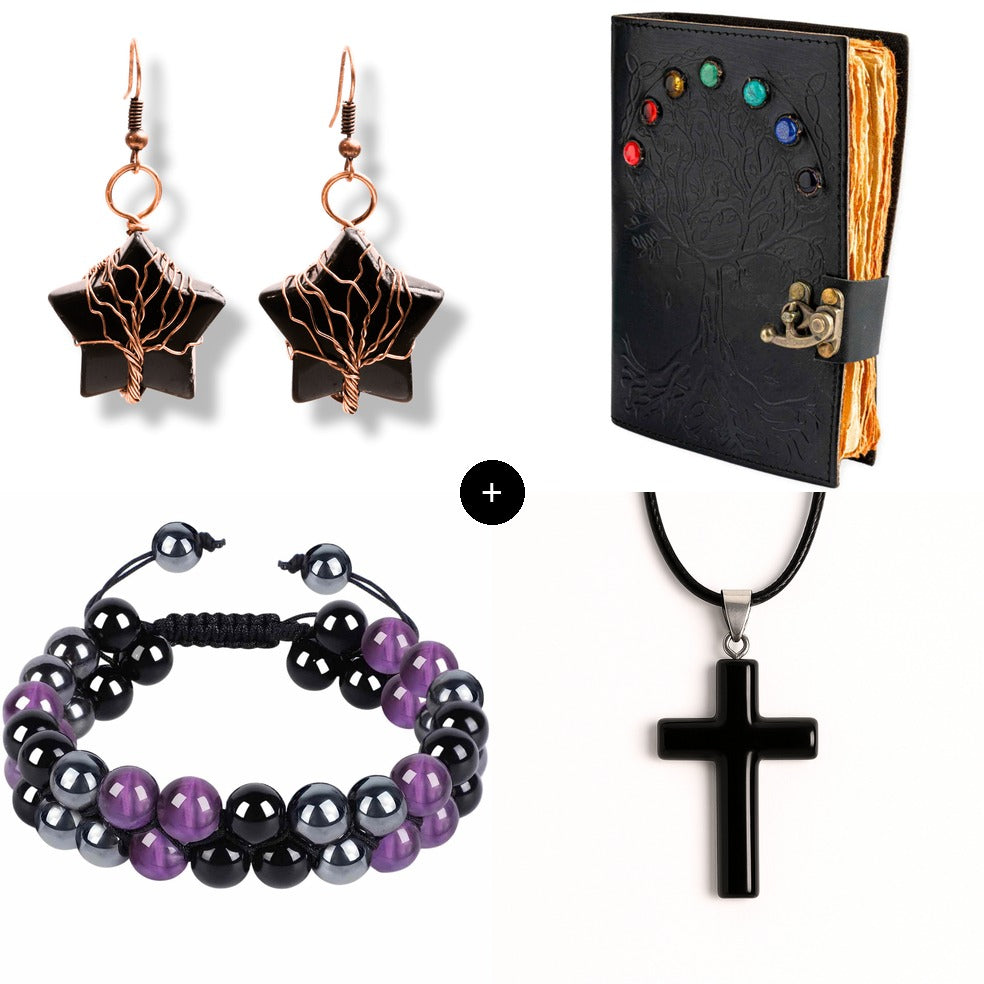 Pachet Mistic de Protectie - Jurnal Vintage "Book of Shadow" cu 7 Pietre Chakre, Colier Obsidian in Forma de Cruce & Bratara Tripla Protectie (Ametist, Hematit, Obsidian)