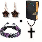 Pachet Mistic de Protectie - Jurnal Vintage "Book of Shadow" cu 7 Pietre Chakre, Colier Obsidian in Forma de Cruce & Bratara Tripla Protectie (Ametist, Hematit, Obsidian)