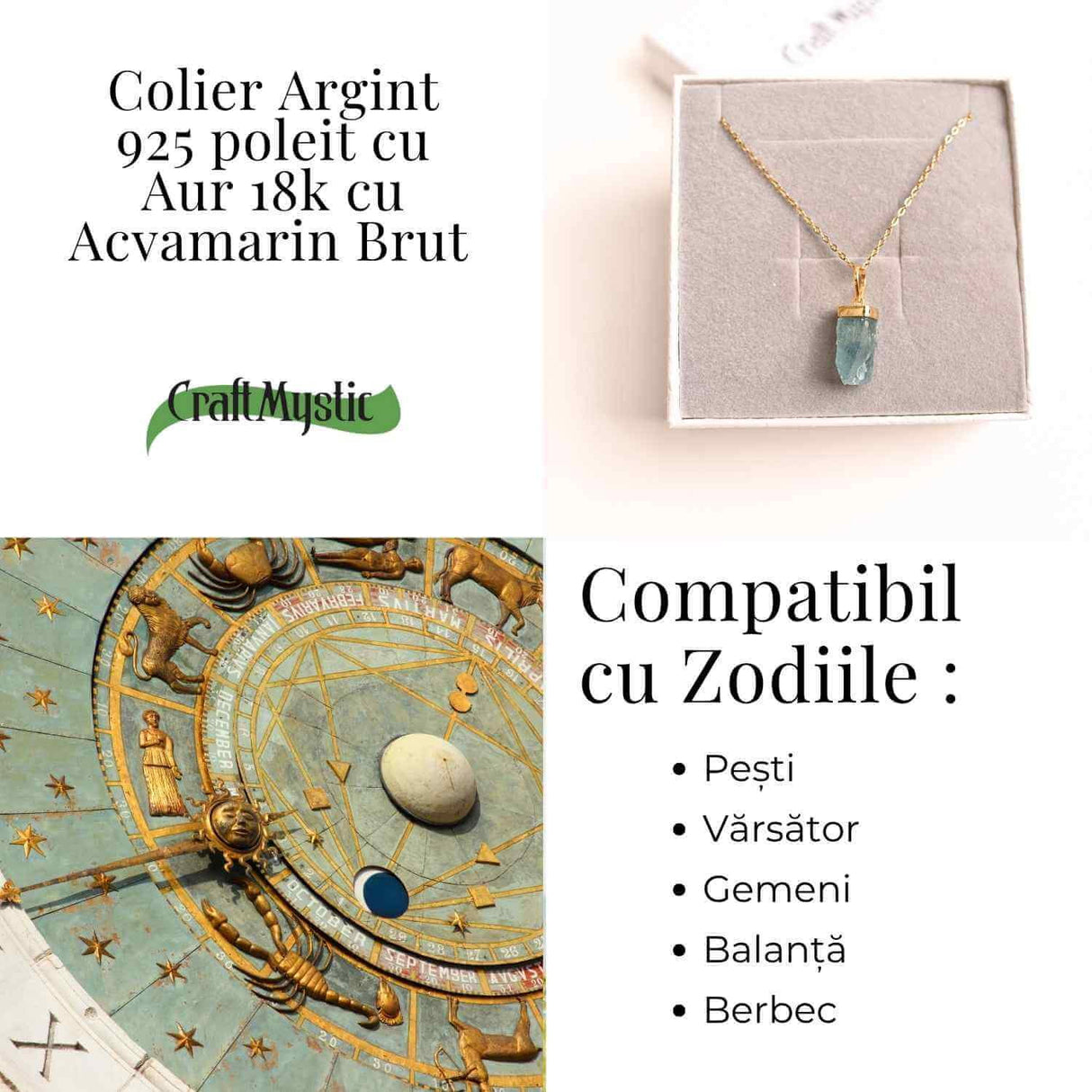 Calm Interior si Protectie - Colier din Acvamarin Brut si Argint 925 Placat cu Aur 18K