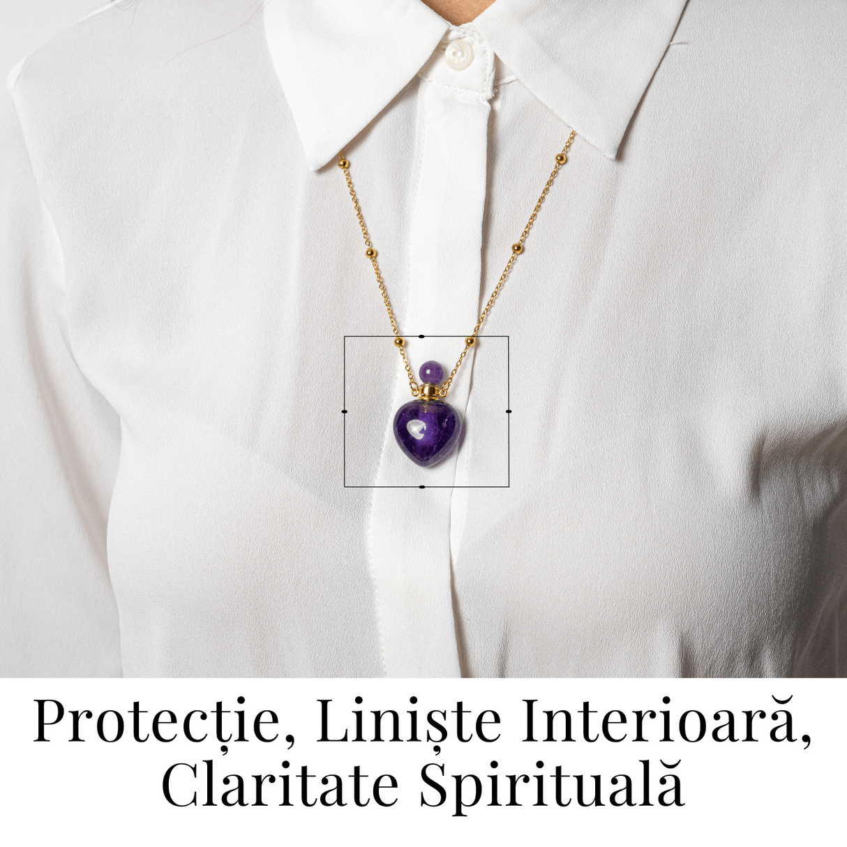 Claritate si Protectie - Colier Inima Sticluta cu Ametist Natural, Lant din cupru Placat Auriu