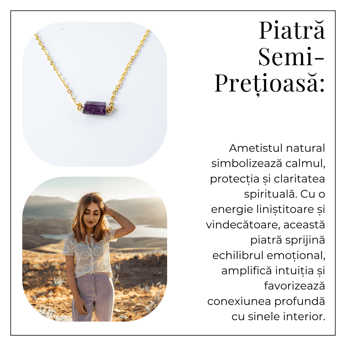 Colier otel inoxidabil auriu cu ametist natural brut - Claritate si echilibru interior