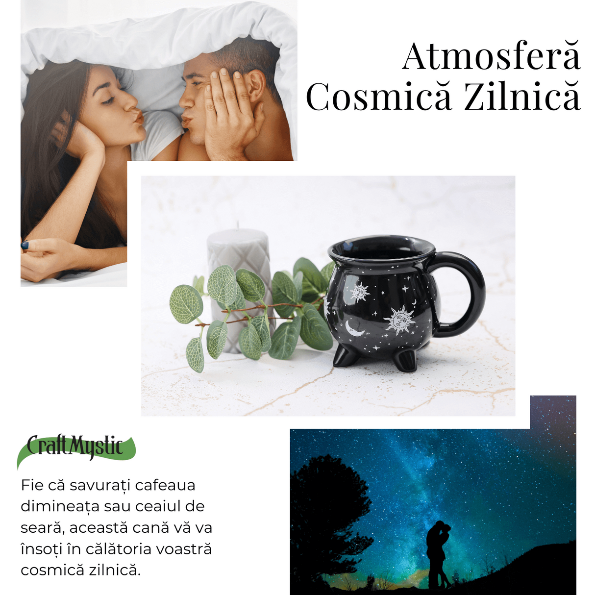 Cana din Ceramica in Forma de Ceaun cu Design Soare si Luna - Cadou Inedit pentru Iubitorii de Magie si Mister