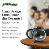 Cana din Ceramica in Forma de Ceaun cu Design Soare si Luna - Cadou Inedit pentru Iubitorii de Magie si Mister