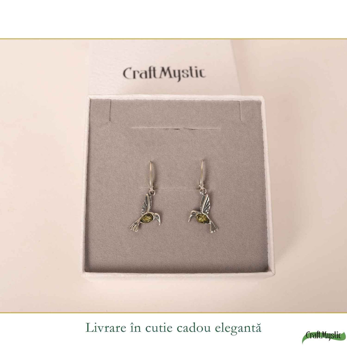 Cercei Argint 925 Colibri cu Chihlimbar Verde - Energie, Bucurie si Libertate