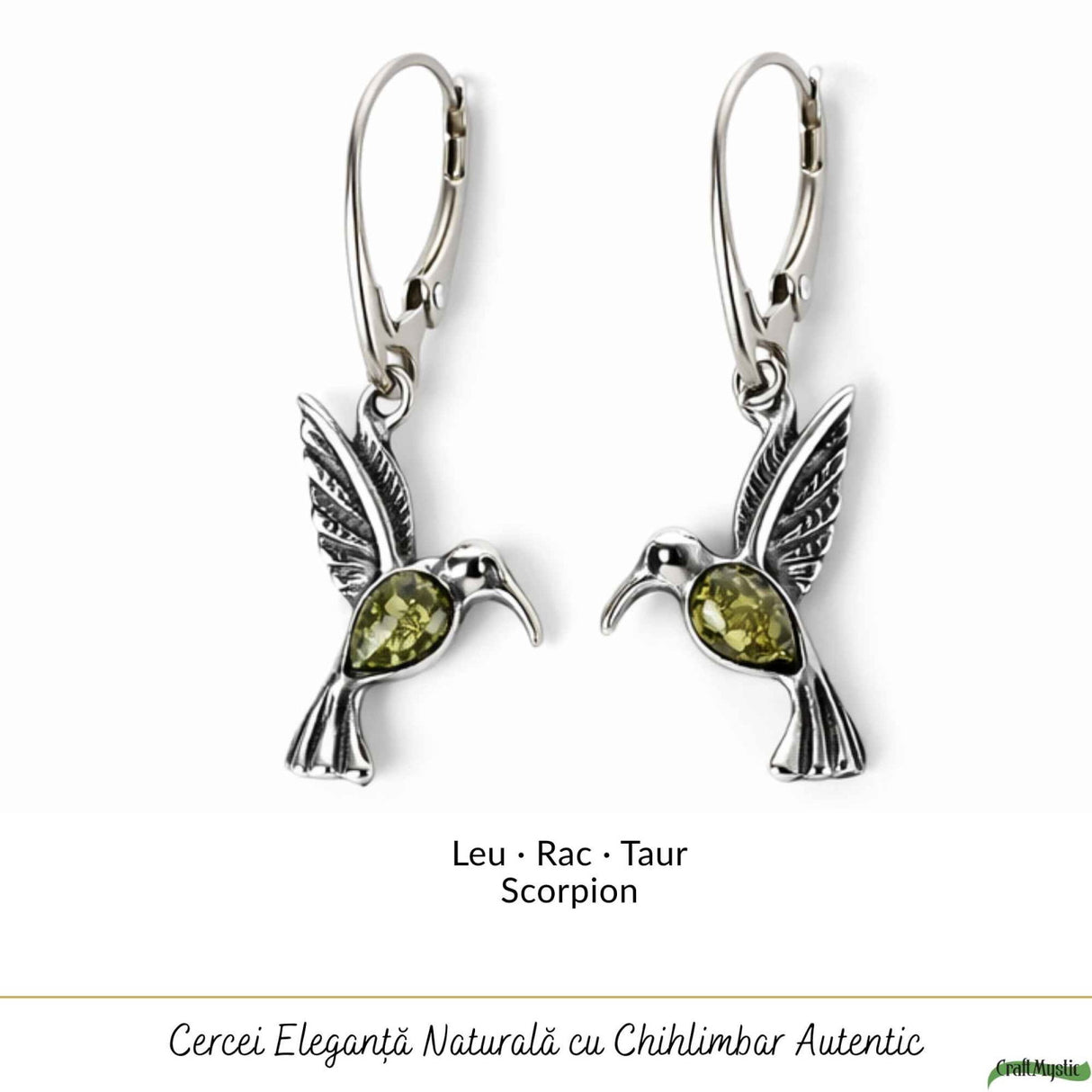 Cercei Argint 925 Colibri cu Chihlimbar Verde - Energie, Bucurie si Libertate