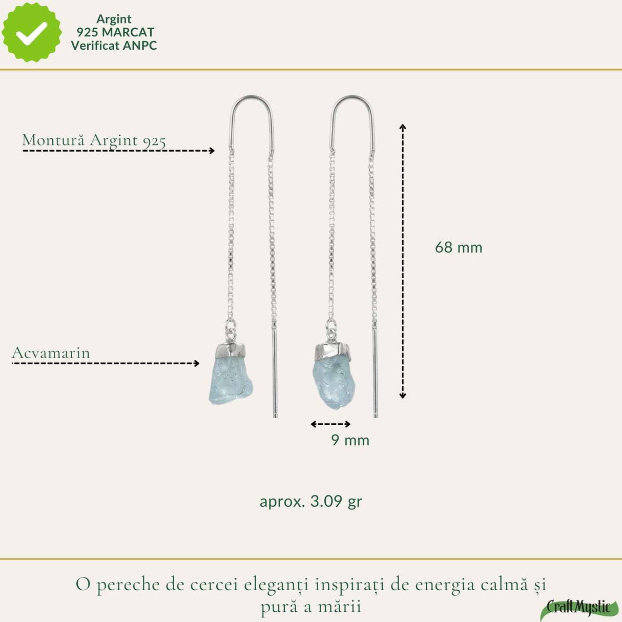 Cercei Argint 925 Placat cu Aur 18K cu Acvamarin Brut si Lant – Calm si Eleganta Naturala