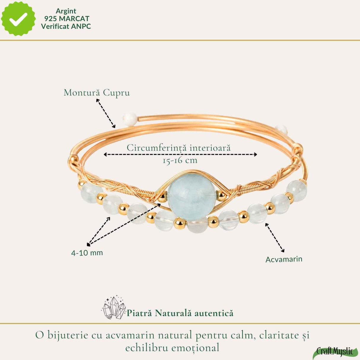 Bratara din Cupru cu Acvamarin Natural – Calm, Claritate si Feminitate