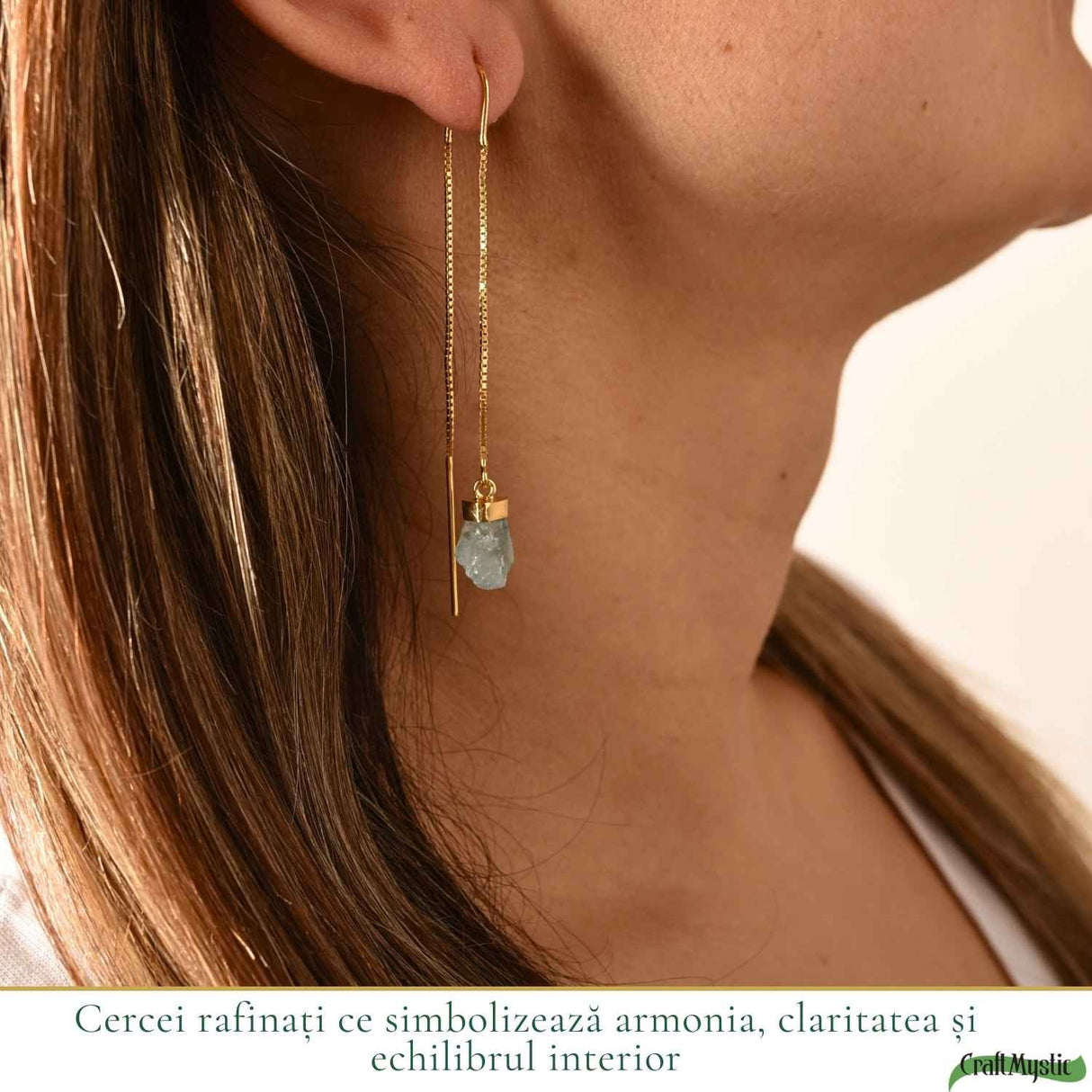 Cercei Argint 925 Placat cu Aur 18K cu Acvamarin Brut si Lant – Calm si Eleganta Naturala