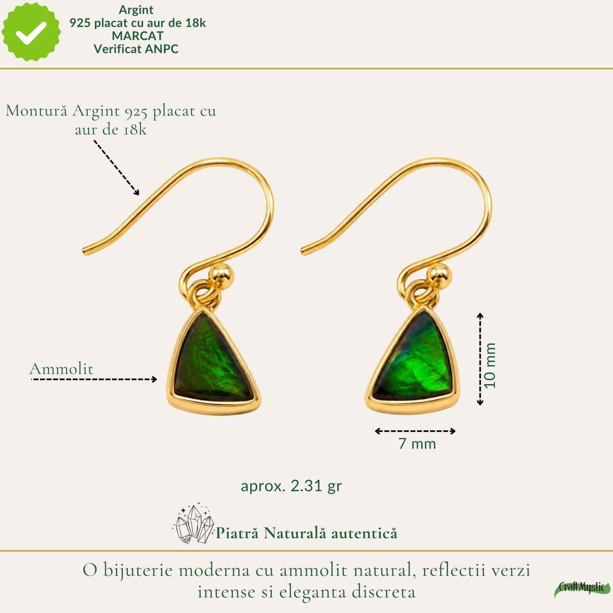 Cercei Argint 925 cu Ammolit Triunghi – Creativitate si Energie Pozitiva