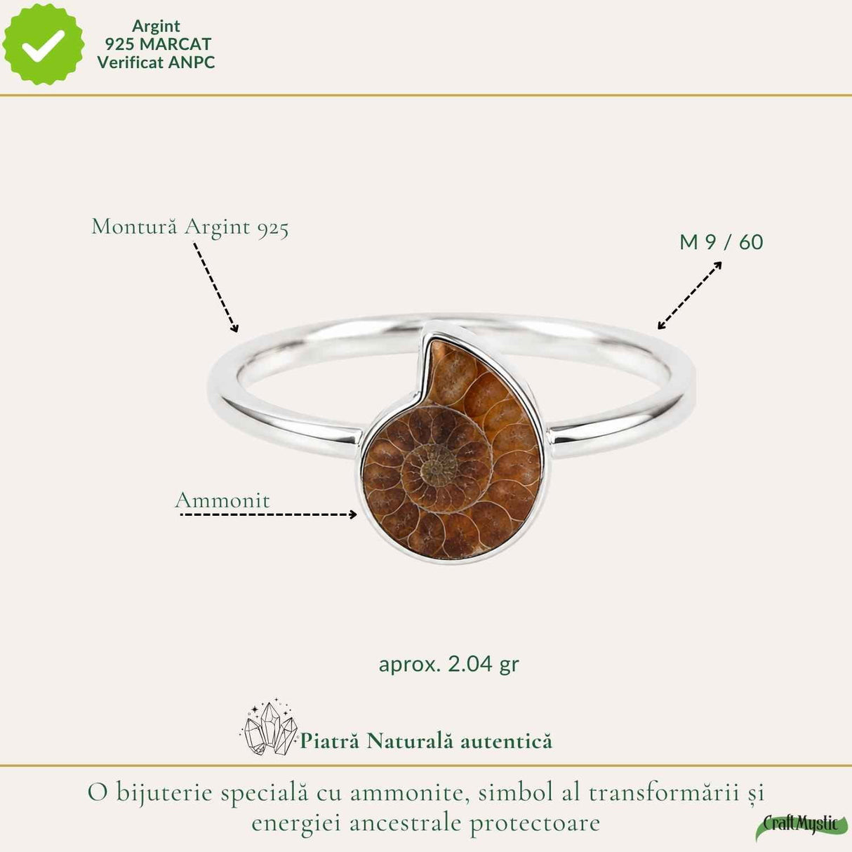 Inel Argint 925 cu Ammonit – Echilibru si Energie Naturala