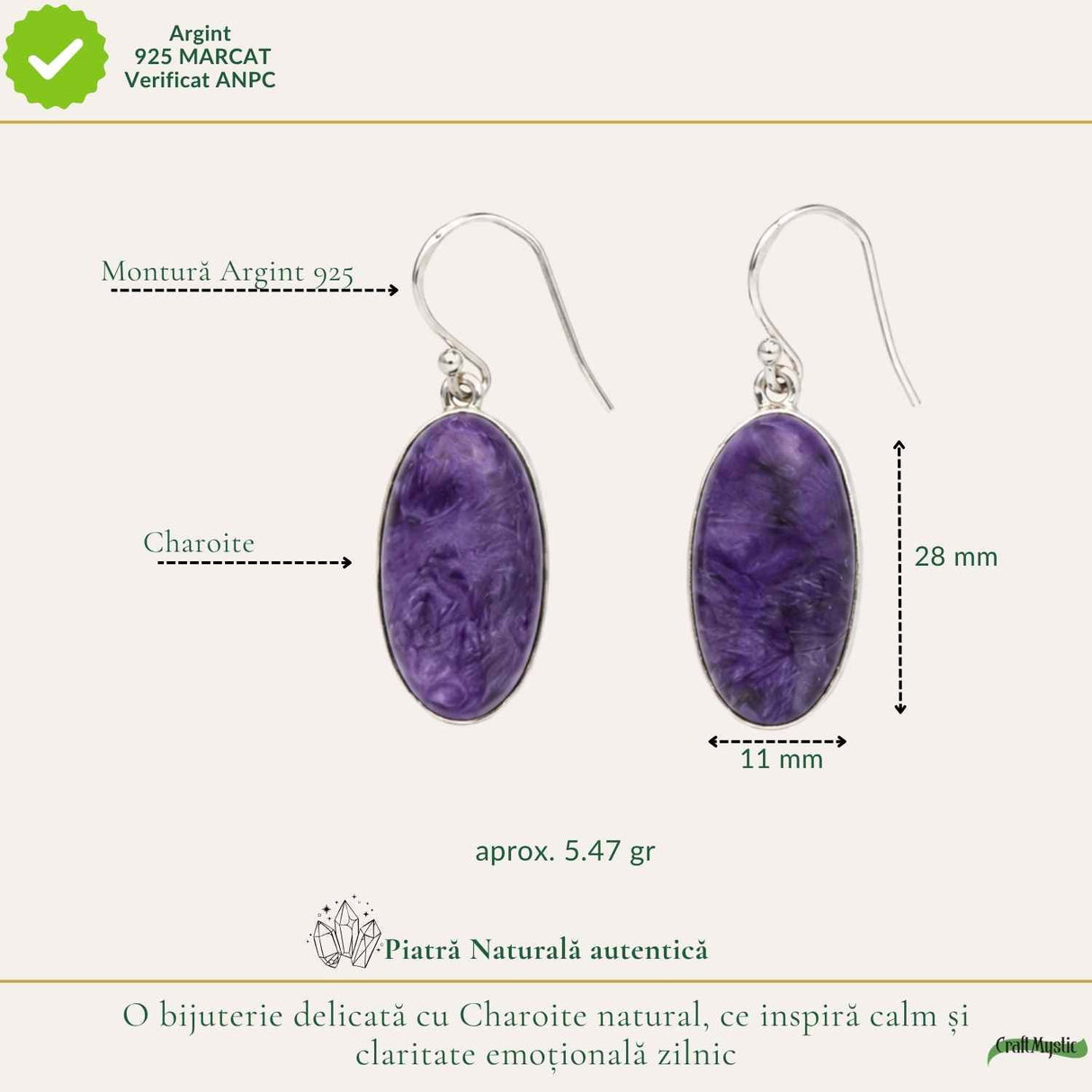 Cercei Argint 925 cu Charoite Natural Oval – Eleganta, Intuitie si Mister