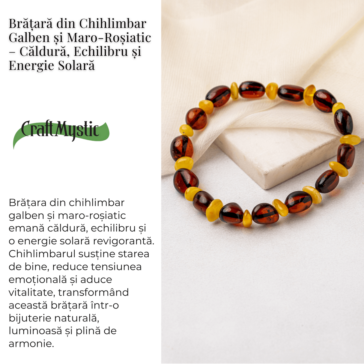 Bratara Chihlimbar Galben si Maro-Rosiatic - Caldura, Protectie si Energie Solara Echilibrata