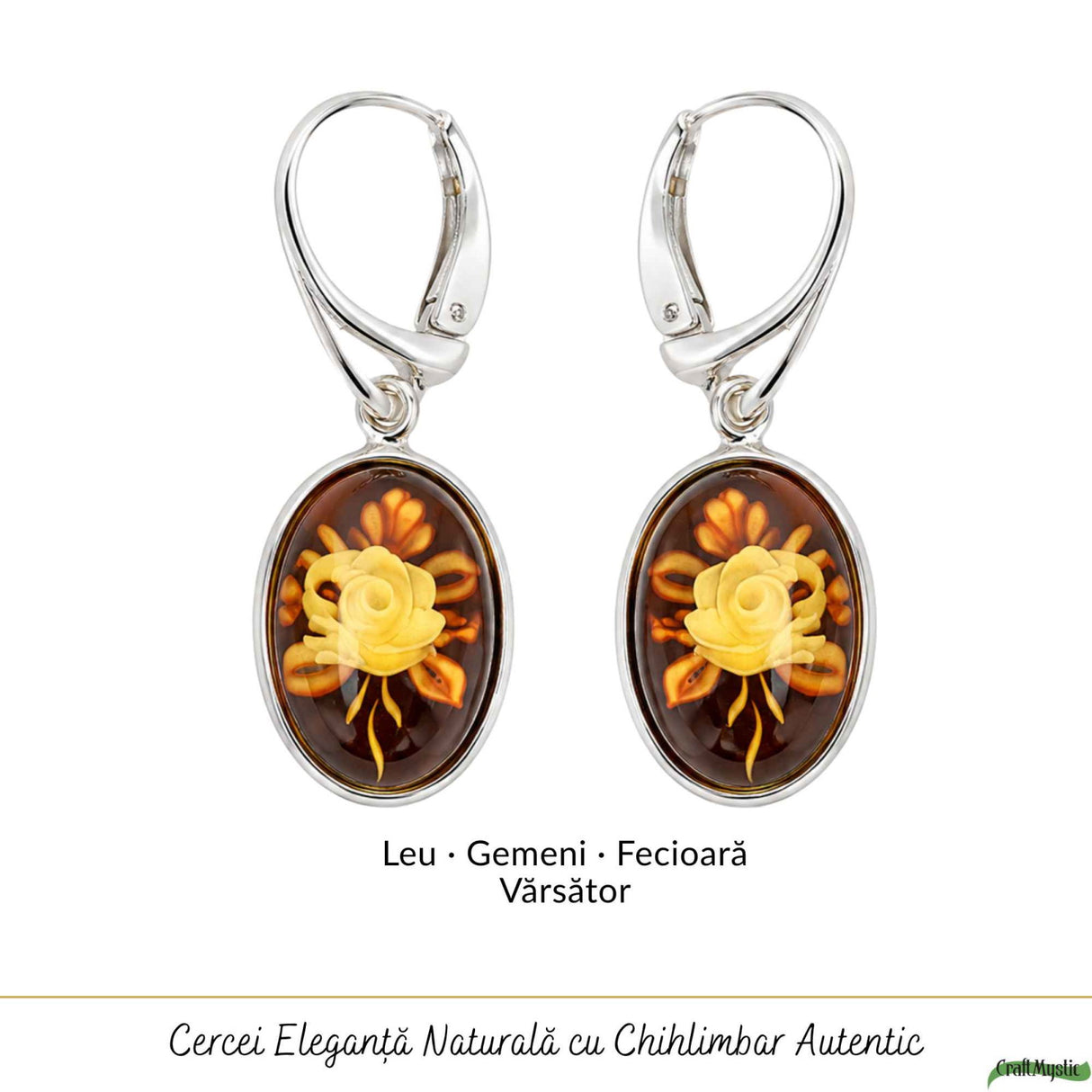 Cercei Argint 925 cu Chihlimbar Verde si Floare – Eleganta si Armonie Naturala