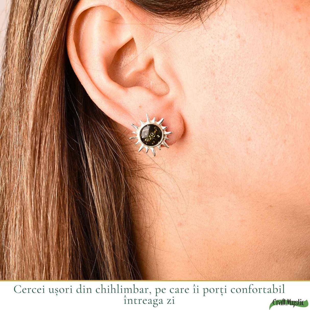 Cercei Argint 925 cu Chihlimbar Verde Soare – Energie si Armonie Naturala