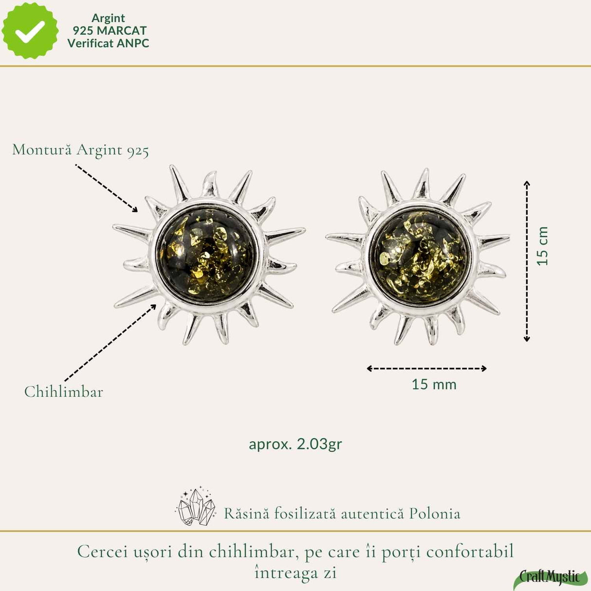 Cercei Argint 925 cu Chihlimbar Verde Soare – Energie si Armonie Naturala