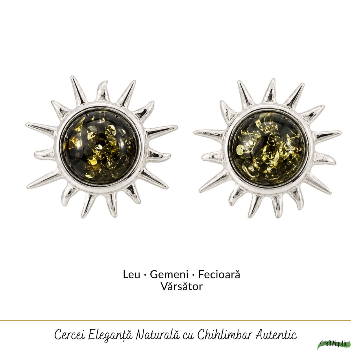 Cercei Argint 925 cu Chihlimbar Verde Soare – Energie si Armonie Naturala
