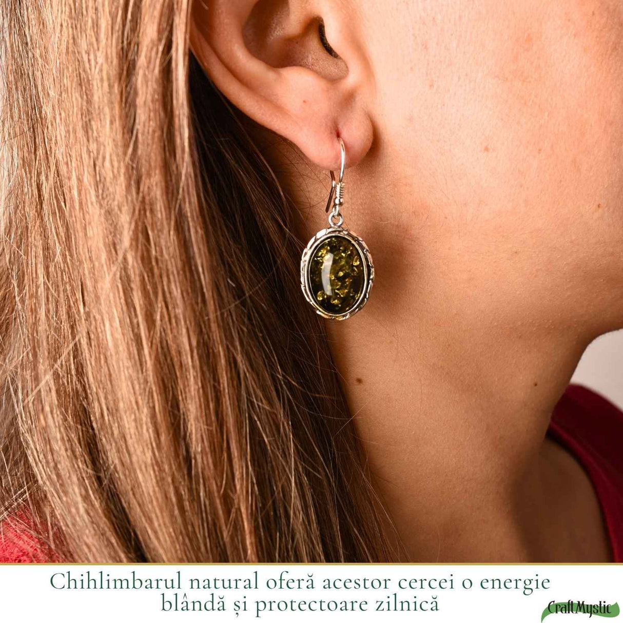 Cercei Argint 925 cu Chihlimbar Verde Oval – Echilibru si Eleganta Naturala