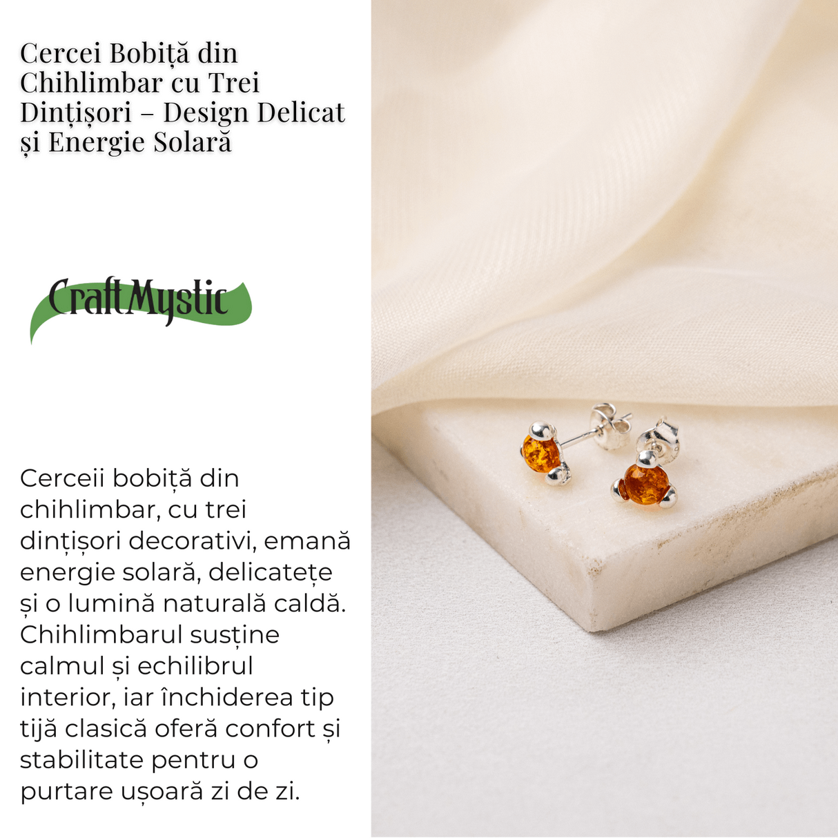 Cercei Argint 925 cu Chihlimbar Auriu Rotund - Lumina Solara, Delicatete si Protectie Calda