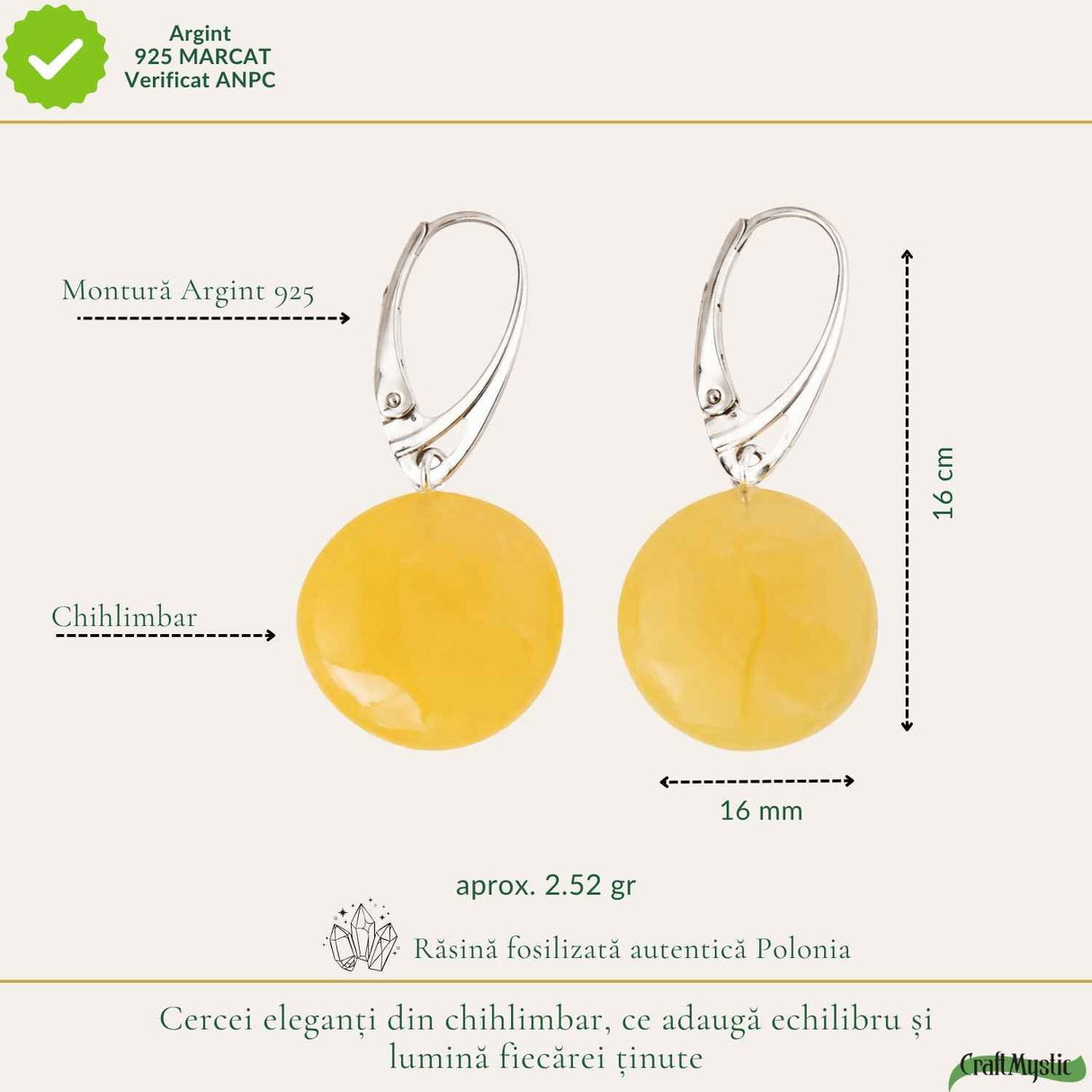 Cercei Argint 925 cu Chihlimbar Galben Rotund – Energie Pozitiva si Eleganta Calda