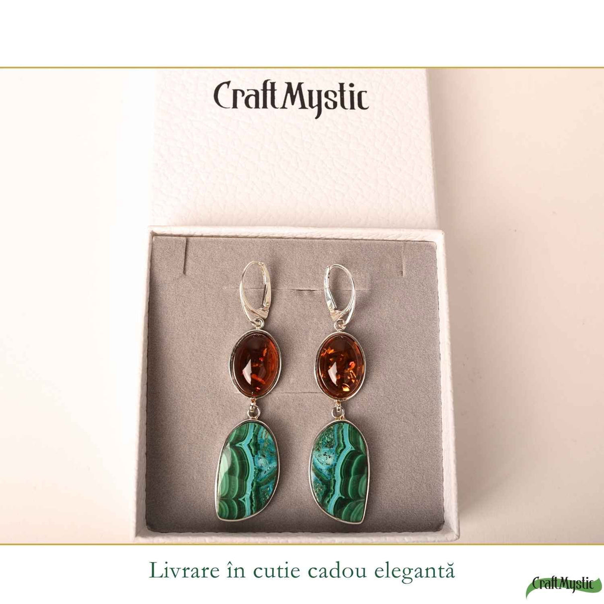 Cercei Argint 925 cu Chihlimbar si Malachit cu Crisocola – Echilibru si Eleganta
