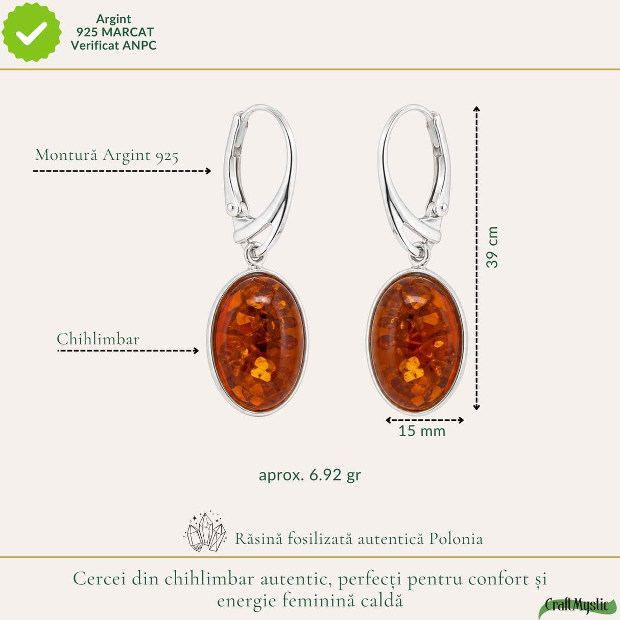 Cercei Argint 925 cu Chihlimbar Oval – Eleganta si Energie Pozitiva