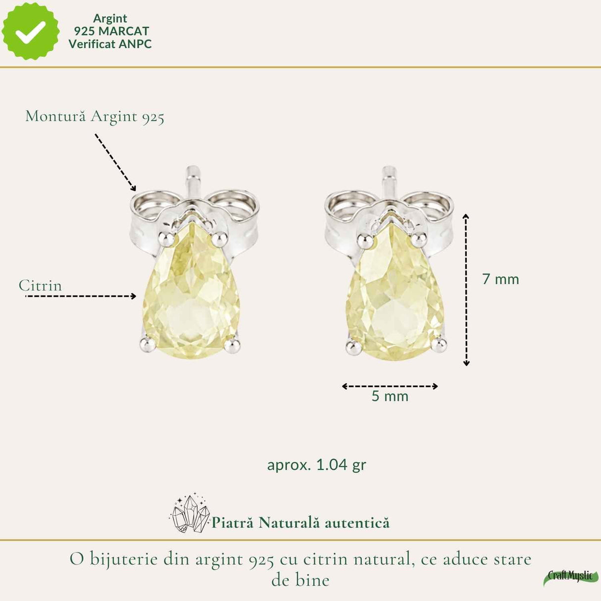 Cercei Argint 925 cu Citrin Natural in Forma de Lacrima – Bucurie si Energie Pozitiva