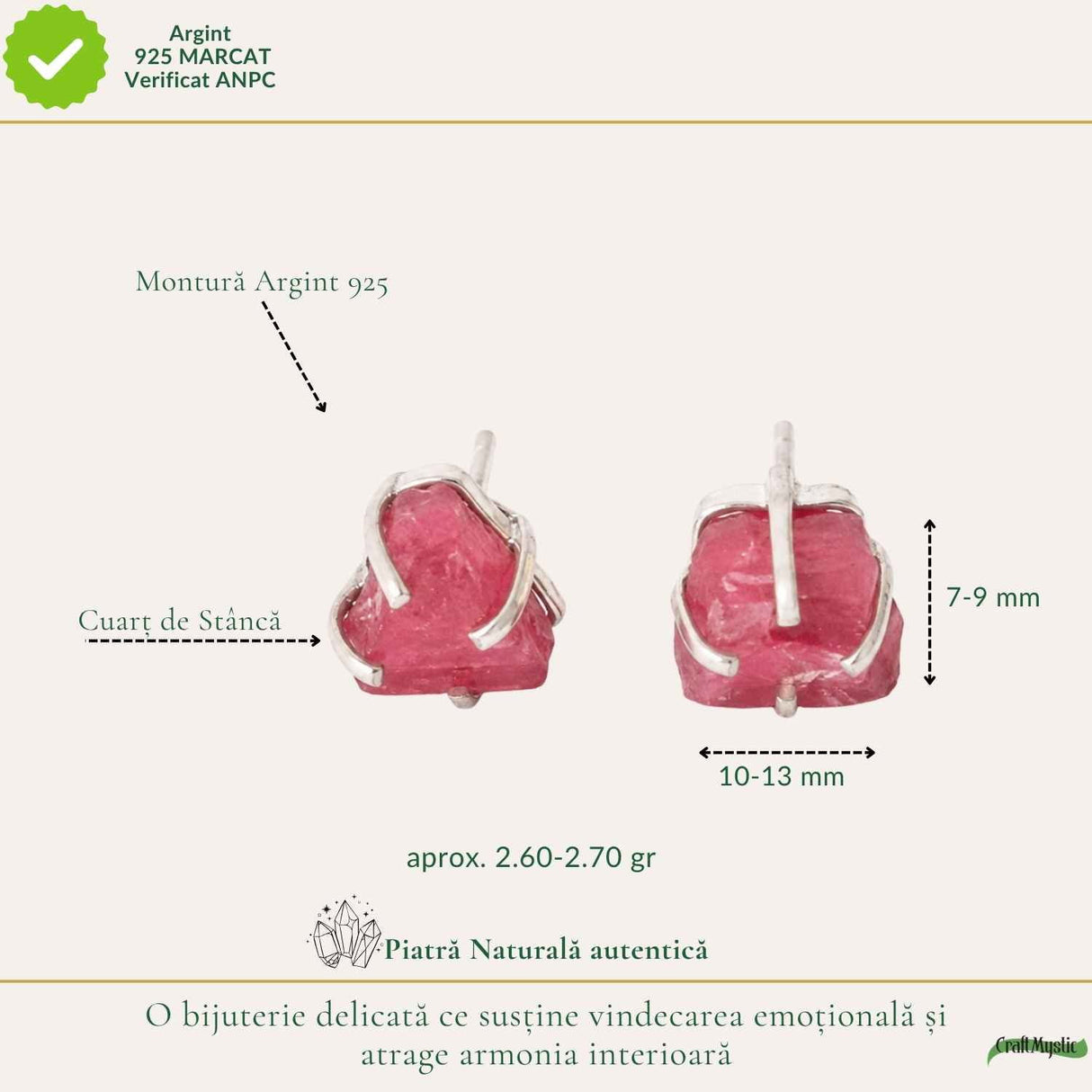 Cercei Argint 925 cu Rodonit Brut Natural – Echilibru Emotional si Energie Blanda