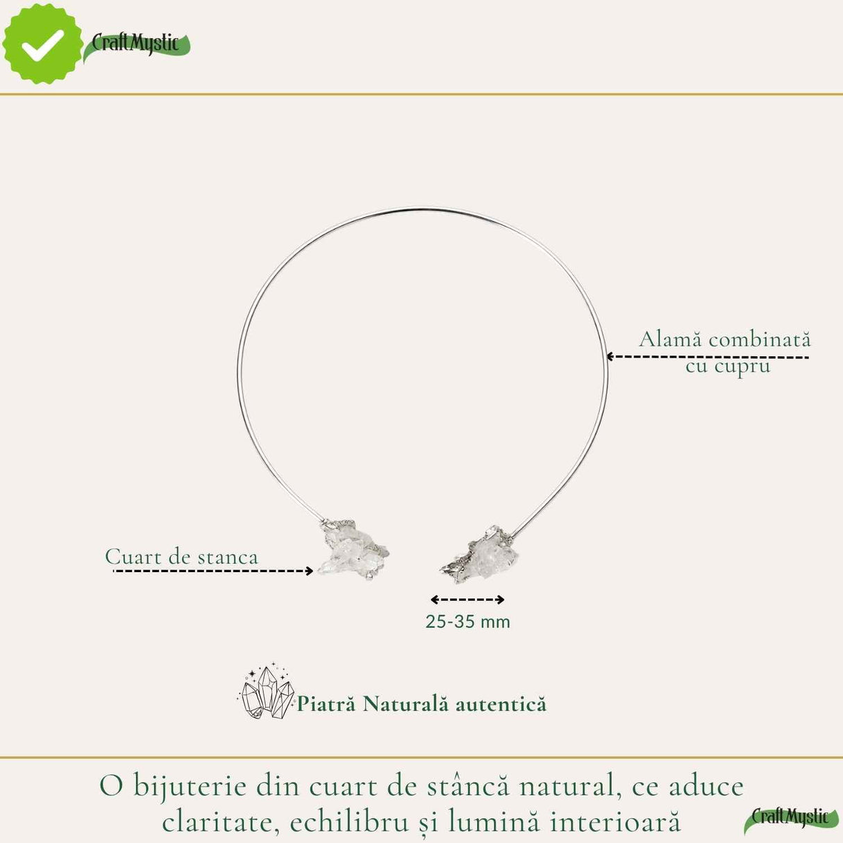 Colier Choker Argintiu cu Cuart de Stanca Natural – Claritate si Echilibru Energetic