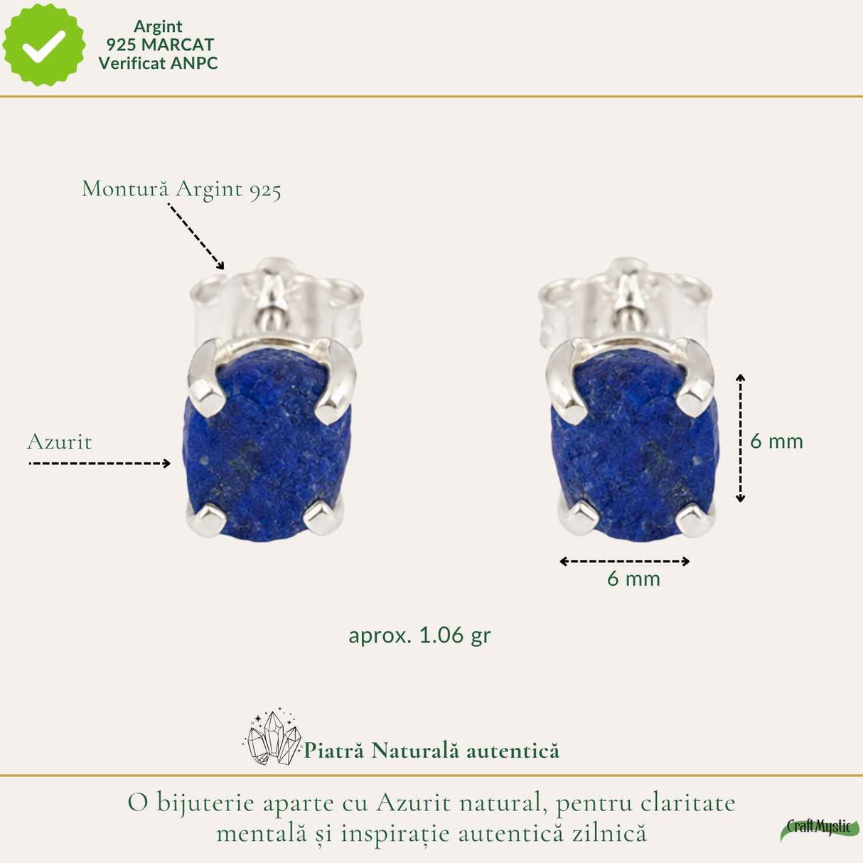 Cercei Argint 925 cu Azurit Brut Natural – Intuitie si Claritate Interioara