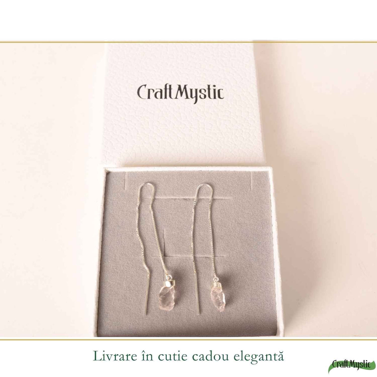 Cercei Argint 925 cu Cuart Roz Brut si Lant – Iubire si Energie Naturala