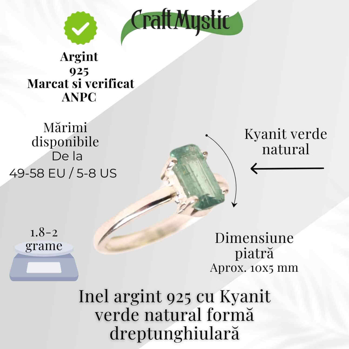 Inel argint 925 cu Kyanit verde natural forma dreptunghiulara - piatra claritatii mentale si a echilibrului interior