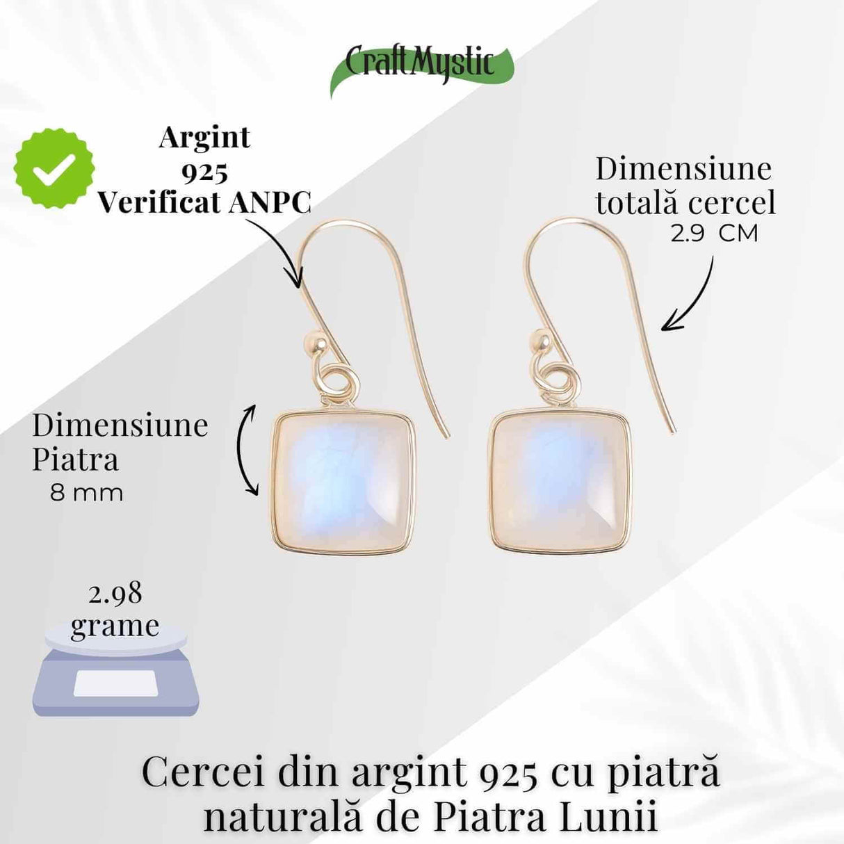 Cercei Argint 925 cu Piatra Lunii Curcubeu Patrat - Intuitie si Echilibru Emotional