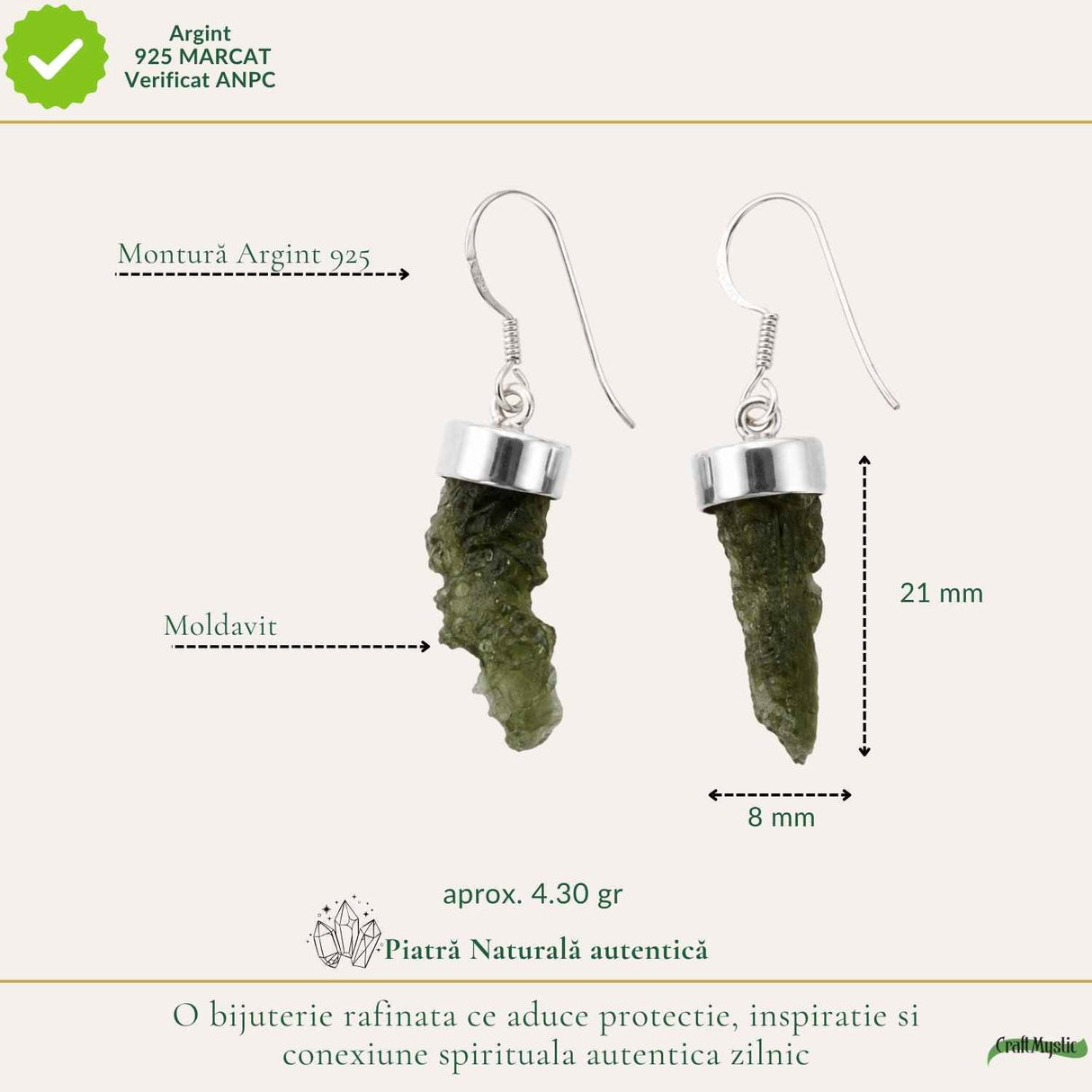 Cercei Argint 925 cu Moldavit Brut – Energie, Echilibru si Transformare