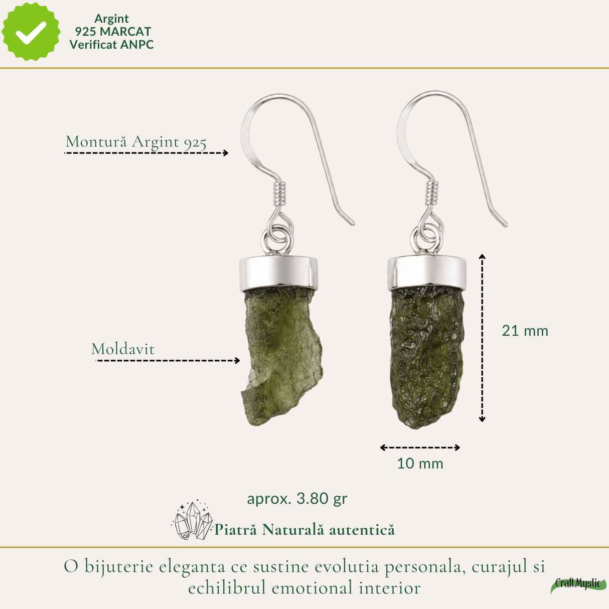 Cercei Argint 925 cu Moldavit Brut – Energie, Echilibru si Transformare