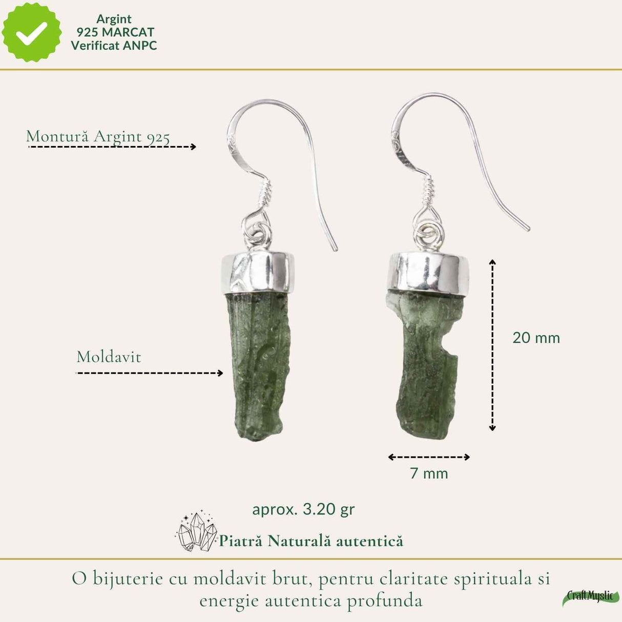 Cercei Argint 925 cu Moldavit Brut – Energie si Transformare Autentica