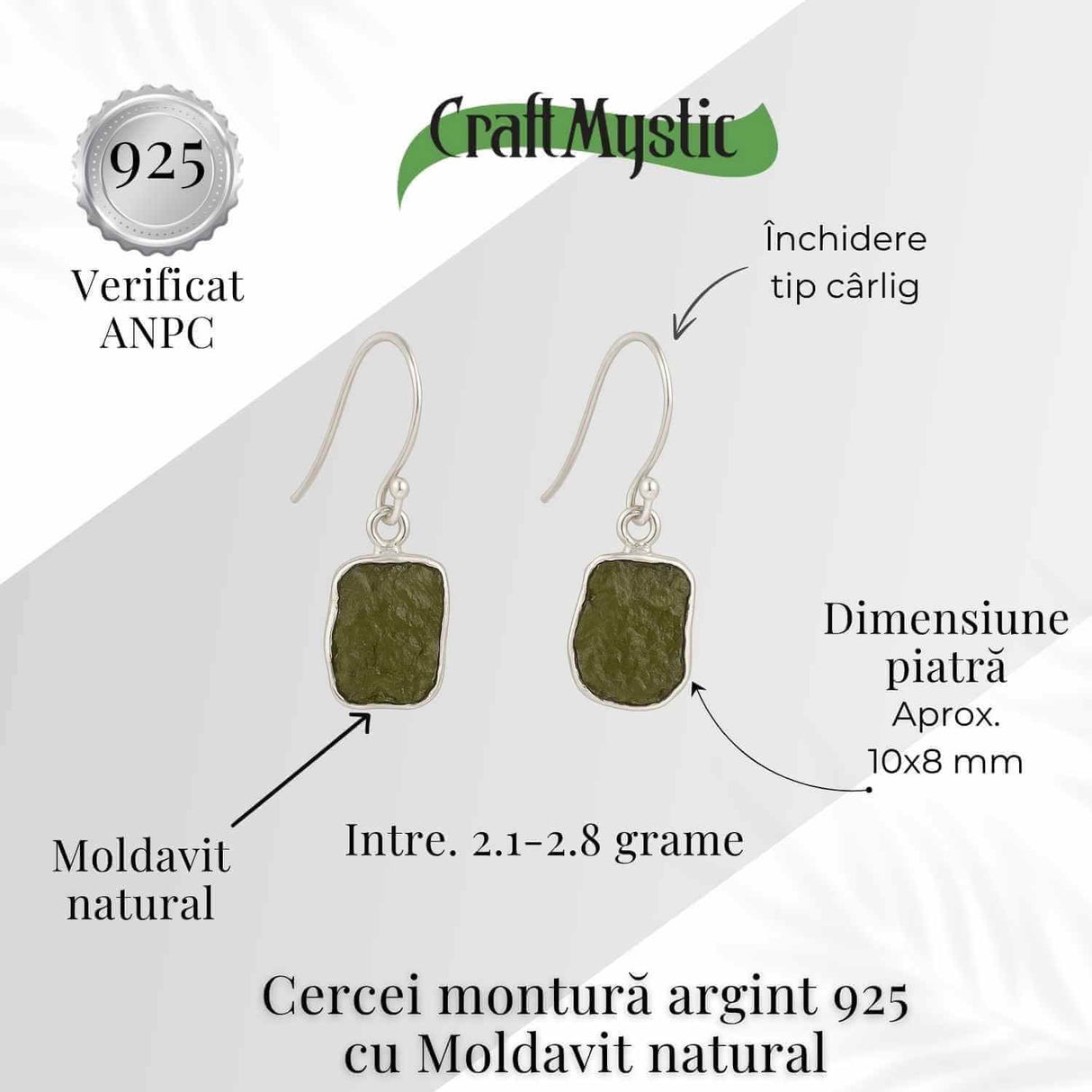 Cercei argint 925 cu Moldavit natural neuniform 2.1-2.8 grame - Transformare interioara si conexiune spirituala
