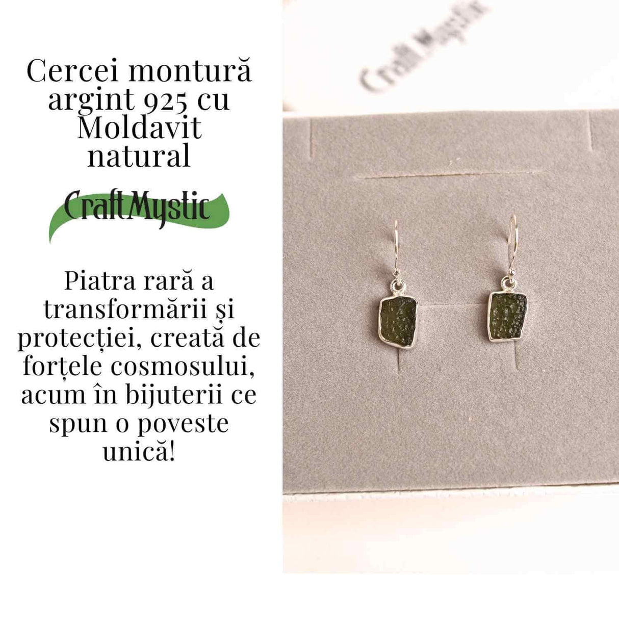 Cercei argint 925 cu Moldavit natural neuniform 2.1-2.8 grame - Transformare interioara si conexiune spirituala