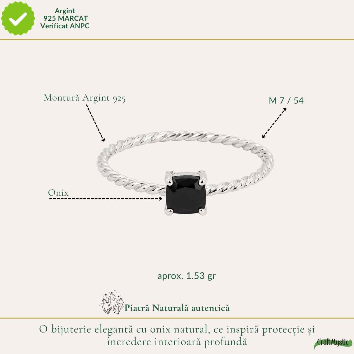 Inel Argint 925 cu Onix Patrat – Protectie si Stabilitate Interioara
