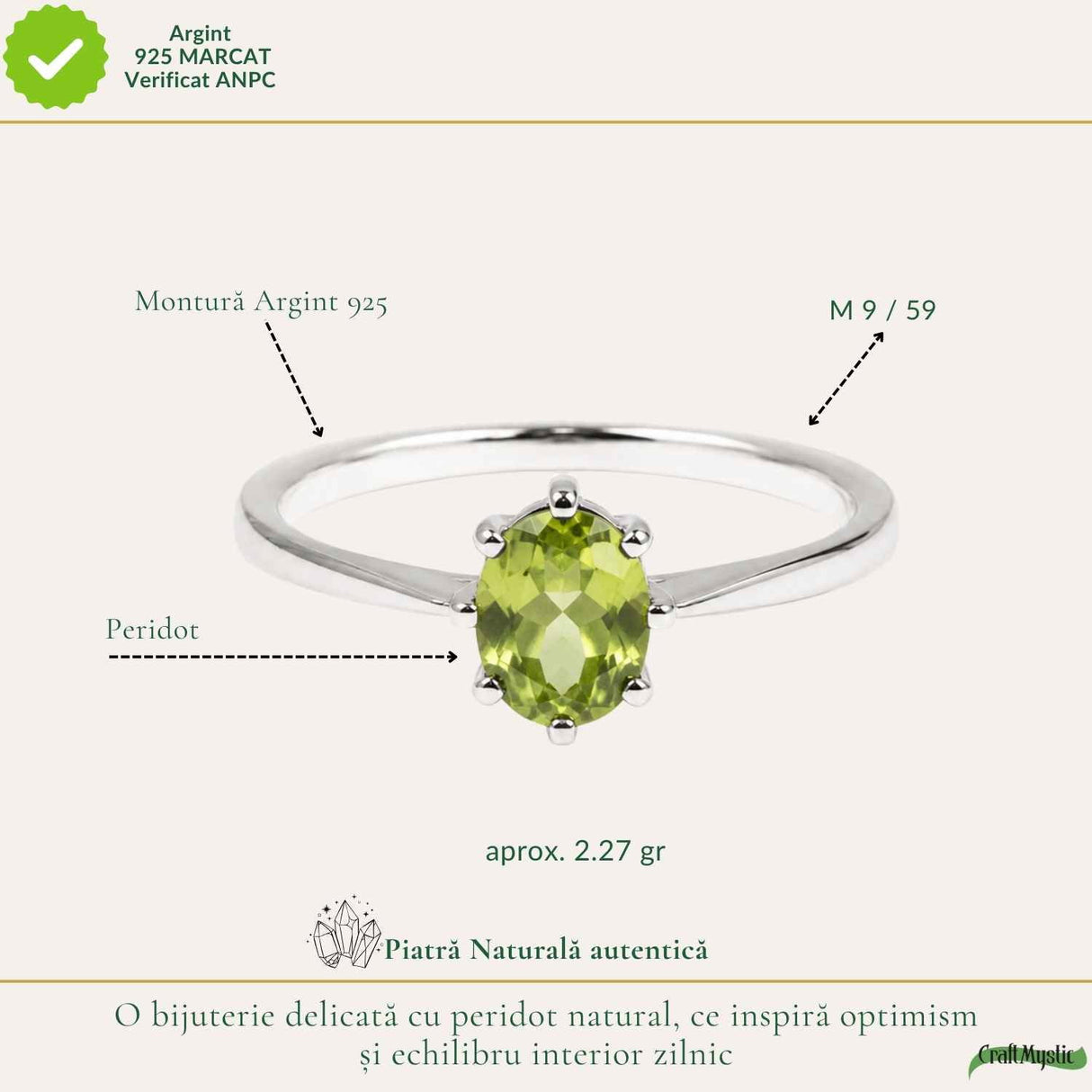 Inel Argint 925 cu Peridot Fatetat Oval – Echilibru si Energie Pozitiva